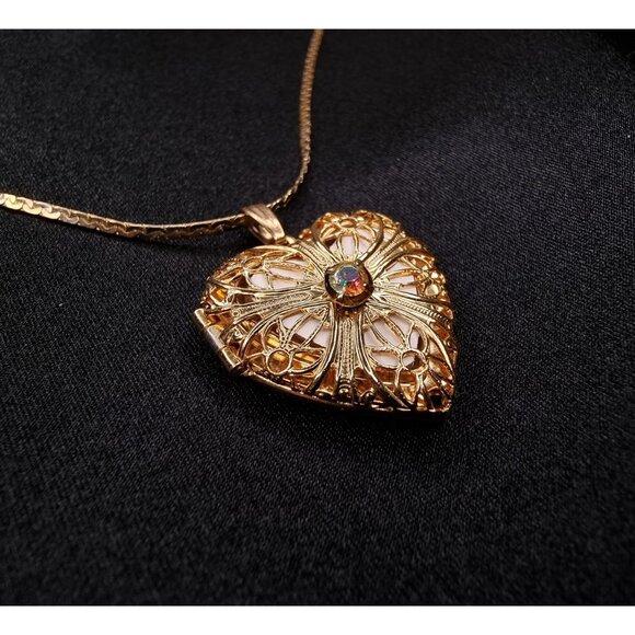 Vintage Gold-Tone Heart Locket Necklace With Intricate Filigree Design & Iridesc - Picture 1 of 5